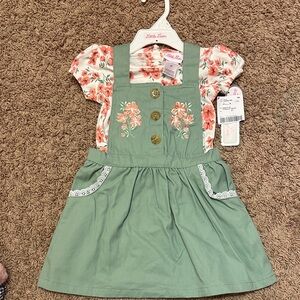 Little Lass Green and Floral Dress with Embroidery